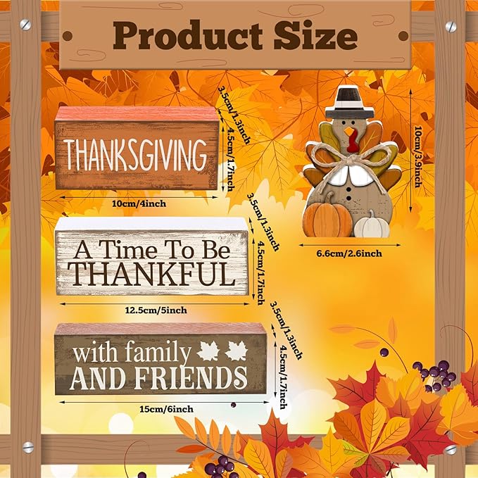 4 Pcs Fall Decoration for Home Thanksgiving Table Decoration Wooden Turkey Fall Tiered Tray Decor Thanksgiving Centerpiece Rustic Decorative Turkey Block Signs Gift Decor for Home Kitchen