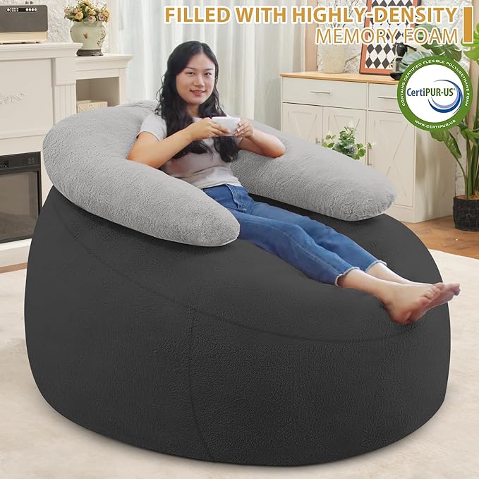 HABUTWAY Bean Bag Chair with U-shaped Pillow for Adult and Kids Big BeanBag Chair with Filling Ultra Soft Faux Fur Couch Chair with Washable Cover for Living Room Bedroom Office, Dark Grey& Light Grey