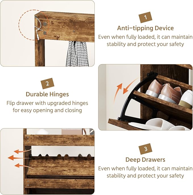 Shoe Cabinet Set 2 with 3 Flip Drawers, Narrow Shoe Cabinet with 9 Hooks Coat Rack, Freestanding Shoes Storage Cabinets with Adjustable Shelves for Entryway, Hallway, Living Room, Rustic Brown