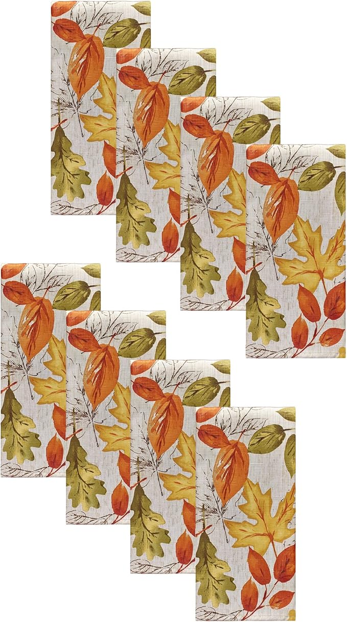 Elrene Home Fashions Autumn Leaves Printed Fall Cloth Dinner Napkins, 17" x 17", Set of 8
