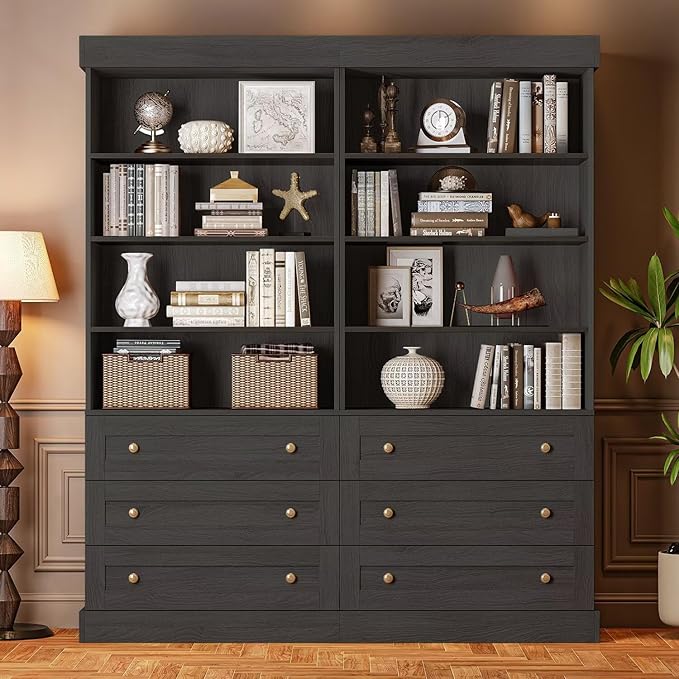 Vyre 71" Tall Farmhouse Bookshelves with Drawers, Set of 3 – Large Modular Bookcase with Adjustable Shelves, Storage Cabinet for Living Room, Kitchen, Home Office, Black