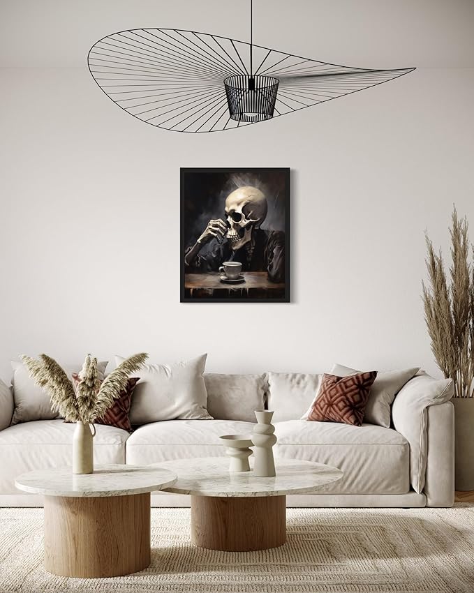 Skull Drinking Coffee Poster Art Print, Halloween Scary Vintage Wall Art Academia Spooky Painting Decoration for Horror Prints, Gothic Posters Bedroom Decor 89 (Skull Drinking Coffee, 16 x 20 inches, Black Frame)