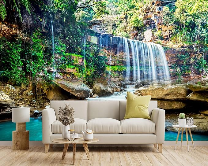 '-Green Lake Waterfall Scenery Fabric Wallpaper Living Room Woodland Forest Mountain Bedroom Bathroom Wall Mural- 91"x65"（ not Peel and Stick）
