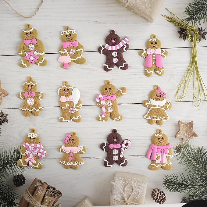 Gingerbread Man Ornaments Christmas Tree Decorations - 12pcs Pink Gingerbread Man Christmas Decorations Hanging Ornaments for Holiday Xmas Tree Home Decor