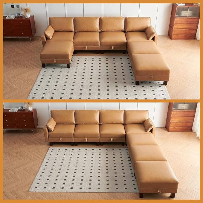 Faux Leather Modular Sofa Couch 128" Modern 7-Seat Sofa with Chaises, Upholstered Sectional Couch with Wood Square Legs for House, Living Room, Reception Room, Apartment, Tan