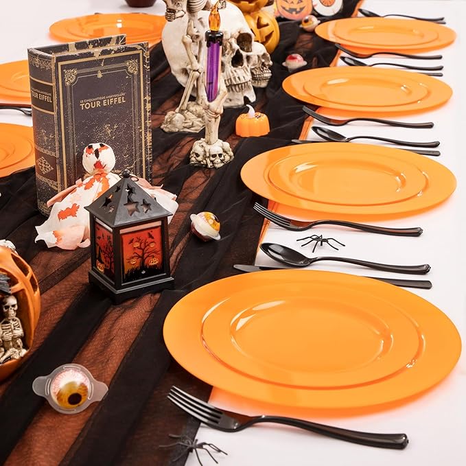 FLOWERCAT 60PCS Orange Plates - Heavy Duty Orange Plastic Plates Disposable for Halloween & Thanksgiving Party - Serve 30 Guests 10.25inch and 7.5inch