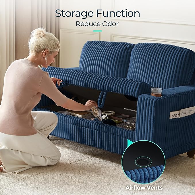 LINSY HOME Loveseat Sofa with Storage - Comfy Plush Corduroy 2 Seater Sofa with USB Charging & Cup Holders, Deep Seat Love Seat for Small Spaces Living Room Bedroom Apartment, Blue