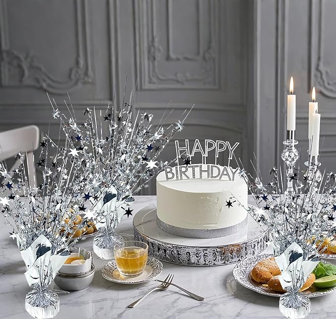 6 Pack Metallic Foil Spray Centerpiece Star Table Decoration Burst Table Centerpieces for Birthday Wedding Anniversary Graduation Holiday Party Supplies Decor, Silver
