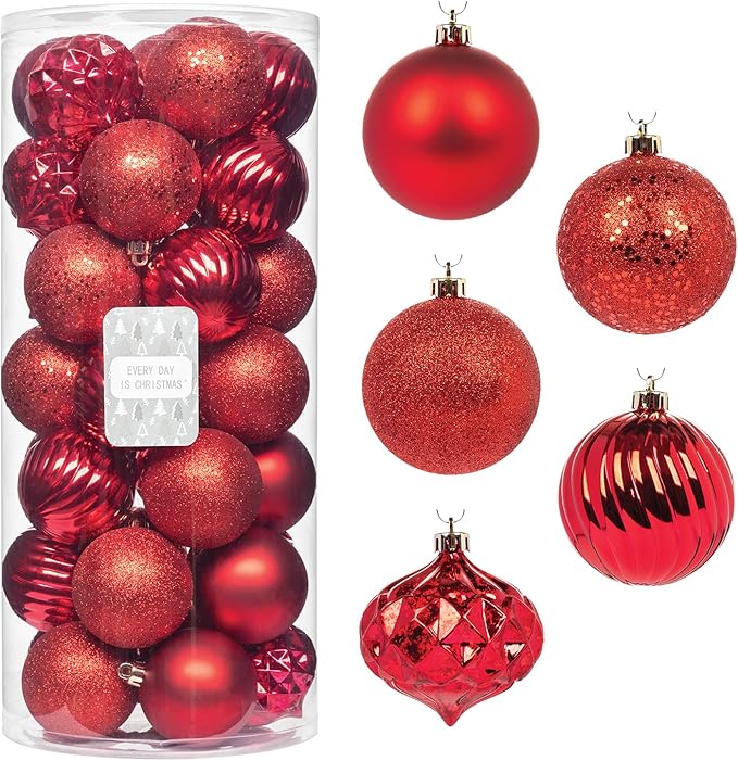 Every Day is Christmas Ornaments, Shatterproof Christmas Tree Ornament Set, Christmas Balls Decoration 35 Count (2.75"/70mm, New Red)