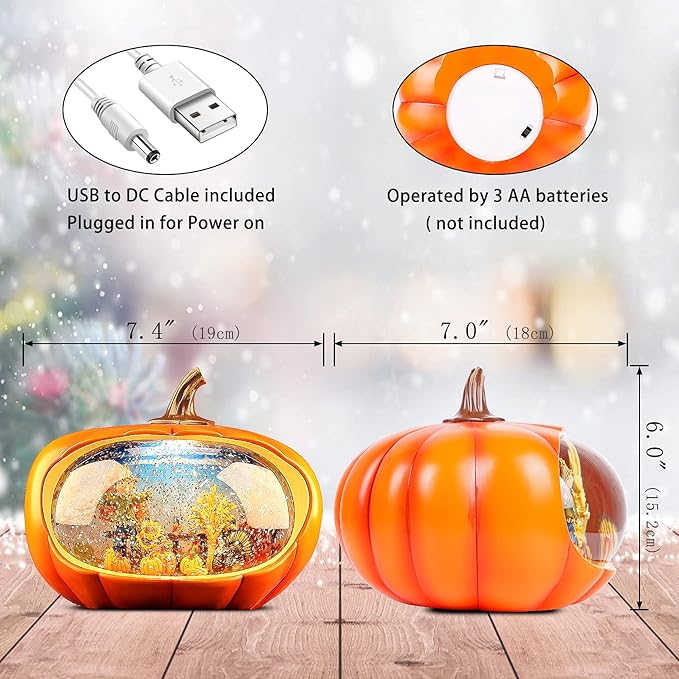 Fall Decor Snow Globe Lighted Pumpkin Thanksgiving Decoration Swirling Glitter Snow Globes Pumpkin Table Accent for Fall Harvest Day Decorations,Pumpkin&Scarecrow