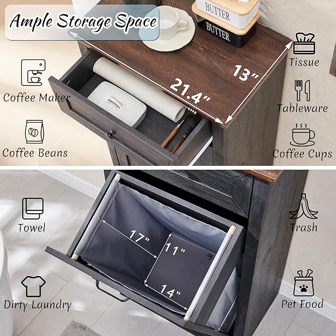 Tilt Out Laundry Hamper Cabinet, 10 Gallon Farmhouse Trash Can Cabinet with Drawer, Hidden Wood Garbage Can Bin Cabinet with Laundry Storage Basket for Bathroom, Kitchen, Dark Grey