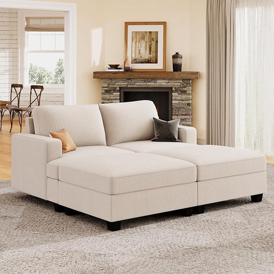 Nolany Corduroy Sectional Couch with Storage Ottoman, Sleeper Sectional Sofa, Modular Sectional Couches for Living Room, Beige