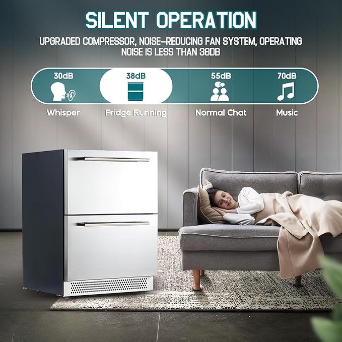Albott 24 Inch Under Counter Drawer Fridge – Stainless Steel Beverage Refrigerator with Dual Drawers, LED Touch Control, Adjustable Storage, Frost-Free, Low Noise, 34-72℉, for Indoor or Outdoor Use