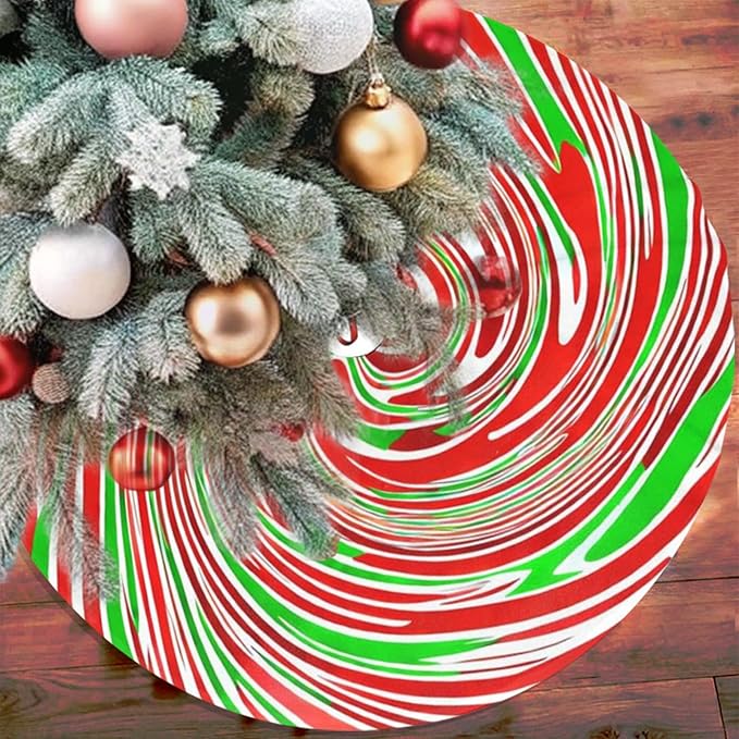 36" Red and Green Swirl Christmas Tree Skirt Sweet Peppermint Candy Tree Mat Base Cover for Xmas Festive Holiday Party Decoration Ornaments