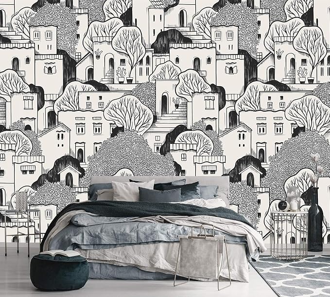 AFZEVEB-Black House with Trees Nursery Wallpaper murals for Bedroom 114"x74" (Not Peel and Stick)