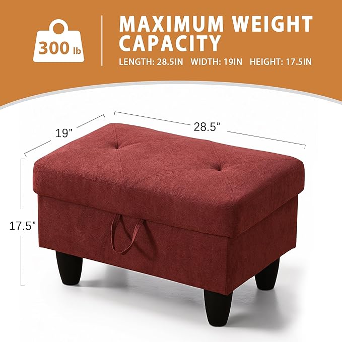 Ottoman Rectangular Storage Ottoman Bench, Flannel Footrest Stool Footstool with Lid for Living Room, Bedroom, Entryway, Red, 28.5"x19"x17.5"