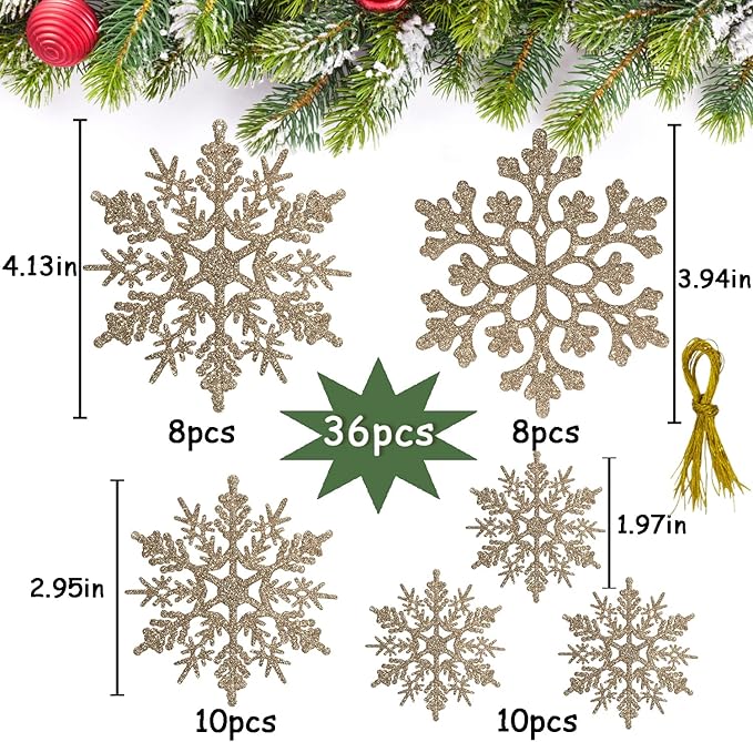 36pcs Christmas Champagne Gold Snowflake Ornaments Plastic Glitter Snow Flakes Ornaments for Winter Christmas Tree Decorations Size Varies Craft Snowflakes