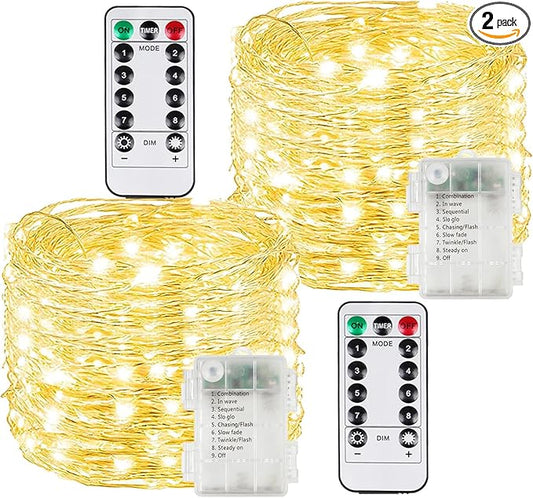 2 Pack 100LED Battery Operated Fairy Lights with Remote, 8 Modes LED String Lights with Timer, Dimmable, Memory Function, Waterproof Twinkle Lights for Outdoor Indoor Christmas Decor(Warm White)