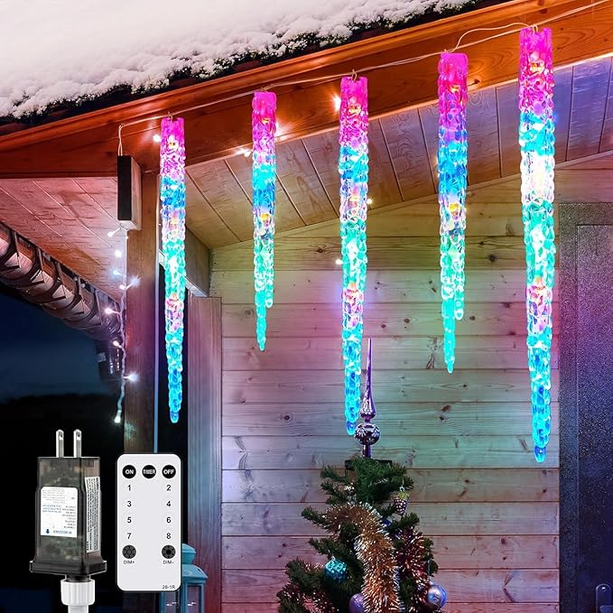 Icicle Lights Outdoor with Remote, 20ft 100 LED 20 Tubes Connectable Ice Shape Hanging Christmas Lights for Tree Patio Roof Holiday Decor, Multicolor