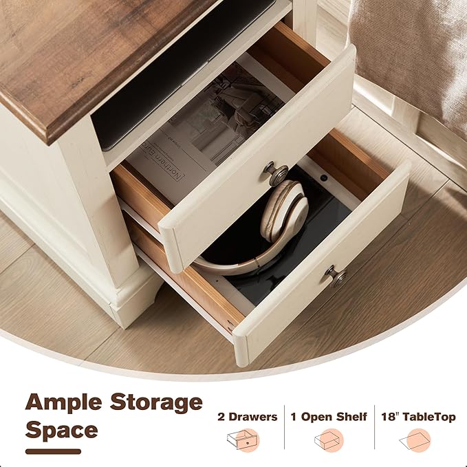 T4TREAM Nightstand with Charging Station, 18 Inch Vintage End Table with 2 Drawers, Wood Rustic Sofa Side Table with Open Storage Shelf for Bedroom, Living Room, Antique White