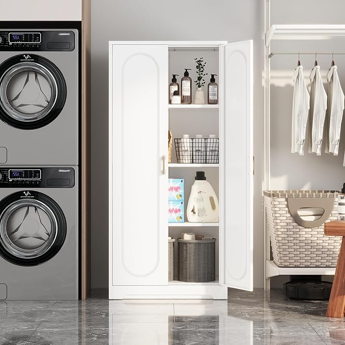 Kitchen Pantry Cabinet,60”Metal White Storage Cabinets with Doors and Shelves,Tall Cabinet with 2 Gold Hands for Dinning Room,Living Room