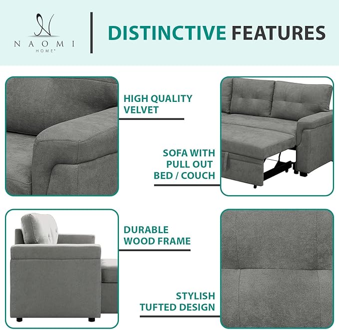 Naomi Home L-Shaped Reversible Sectional Sofa with Pull-Out Sleeper Bed and Storage Chaise, Gray Velvet