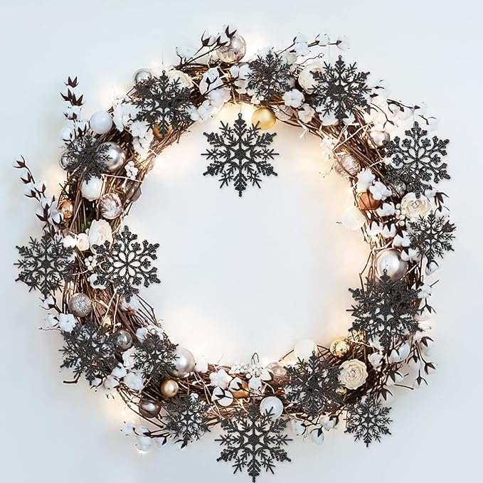 36pcs Black Christmas Snowflake Ornaments, Plastic Glitter Hanging Snow Flakes for Christmas Tree Decorations Winter Wonderland Frozen Birthday Party Holiday Home Decor Craft Snowflakes