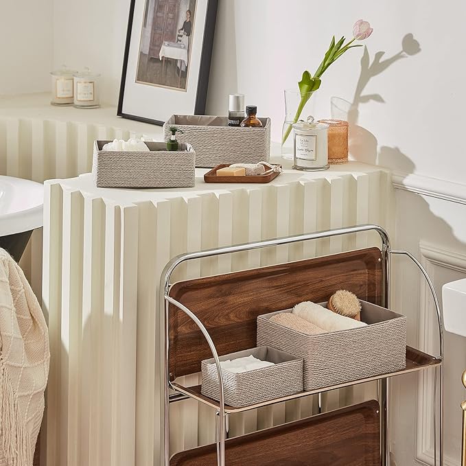 LA JOLIE MUSE Storage Baskets Set 4 - Stackable Woven Basket Paper Rope Bin, Storage Boxes for Makeup Closet Bathroom Bedroom (Gray)