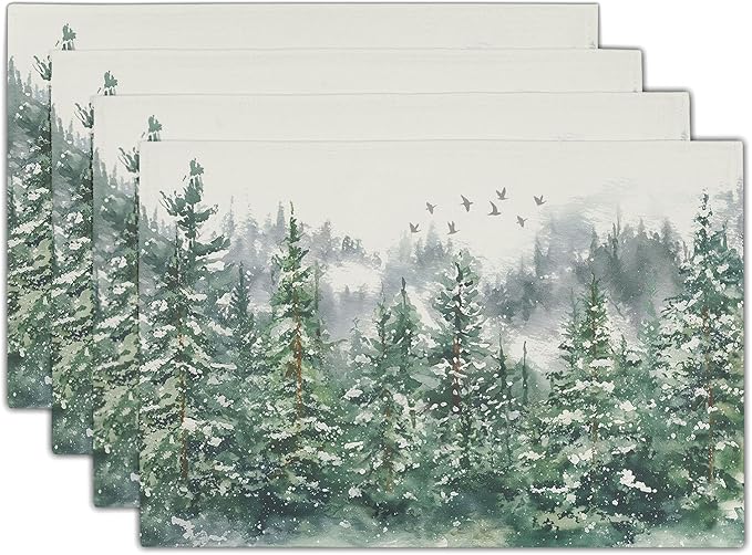 Green Watercolor Tree Christmas Placemats Set of 4 Seasonal Winter Theme Place Mats 12x18 Inch Xmas Holiday Washable Table Mats for Home Party Kitchen Dining