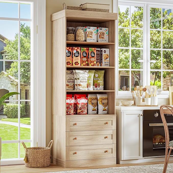 Vyre 71" Tall Farmhouse Bookshelves with Drawers, Set of 3 – Large Modular Bookcase with Adjustable Shelves, Storage Cabinet for Living Room, Kitchen, Home Office, Brown