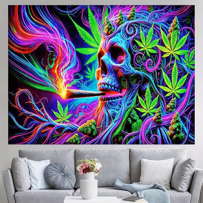 BlissYard Blacklight Cool Trippy Weed Marijuana Leaves Tapestry UV Reactive Skeleton Tapestry Smoking Skull Black Light Wall Tapestry Neon Psychedelic Tie Dye Stoner Poster Tapestry 59X78 IN