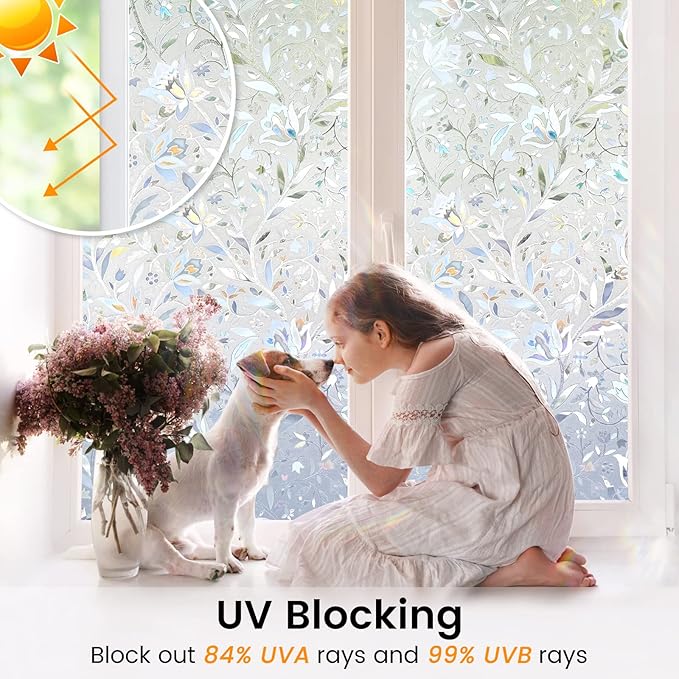 DOWELL Window Privacy Film, 3D Stained Glass Rainbow Films, Decorative Window Vinyl Sun Blocker Door Covering, Static Cling Non-Adhesive Glass Sticker for Home, Blooming Flowers, 23.6"x78.7"