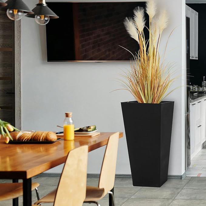 Worth Garden 2-Pack Black Matte Texture Square Tapered Planter - 25.5" H. Tall Plastic Plant Pots with Drain Hole for Indoor Outdoor - Modern Decorative Flower Pots for Front Porch, Patio, Deck