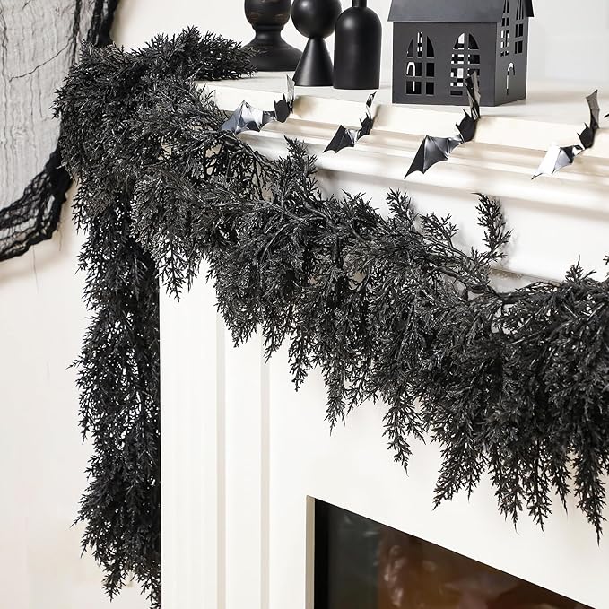 Dingion Black Artificial Cedar Garland - 9 ft Halloween Faux Cedar Pine Hanging Party Decoration Halloween Realistic Garland for Home, Mantle & Fireplace