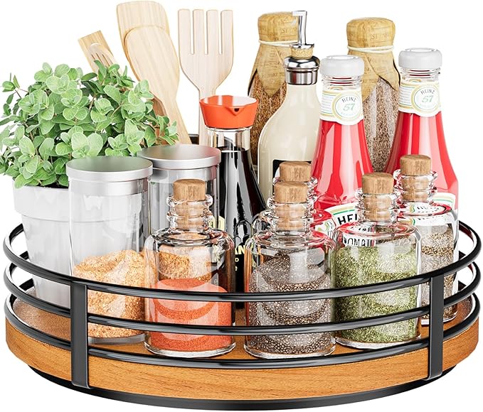 Wood Lazy Susan Turntable Organizer - 11" Round Wooden Lazy Susan for Cabinet Kitchen Countertop Dining Table Pantry Cupboard Bathroom Coffee Bar Spice Storage Home Decor