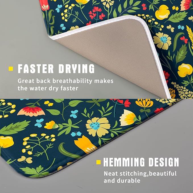 Floral Dish Drying Mat for Kitchen Counter Cute FLowers Seasonal Absorbent Reversible Microfiber Kitchen Countertop Protector Dishes Pad Small 16x18 inch