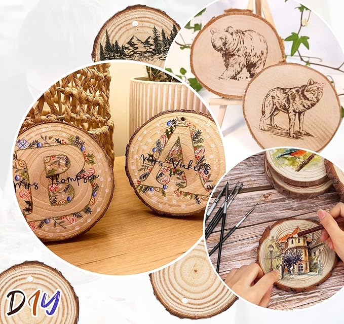 30 PCS Natural Unfinished Wood Crafts, 2.7" - 3.1" WoodRounds with Hole, Wood Ornaments WoodCircles for Crafts Doodle, Splice, Paint, Art, Decorate
