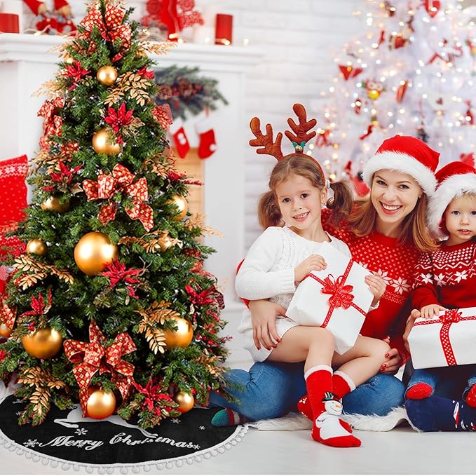 30 Inch Christmas Tree Skirt, Burlap Black Christmas Rustic Tree Skirt with Elk Deer and White Snowflake Printed for Holiday Party Xmas Tree Decoration