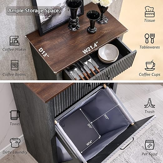 Modern Tilt-Out Trash Can Cabinet, 10 Gallon Fluted Laundry Hamper Cabinet with Drawers, Wooden Hidden Garbage Can Cabinets with Storage Basket, Free Standing for Kitchen and Living Room, Grey