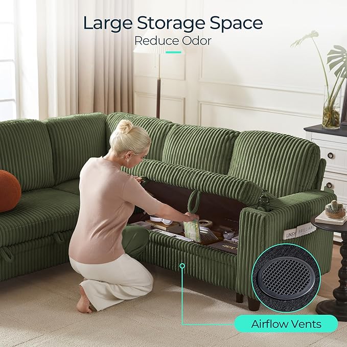 LINSY HOME Sectional Sleeper Sofa with Pull Out Couch Bed Convertible Plush Corduroy Cloud Couch with Storage Chaise & USB Charging, Comfy Modular Couches for Living Room (Green)