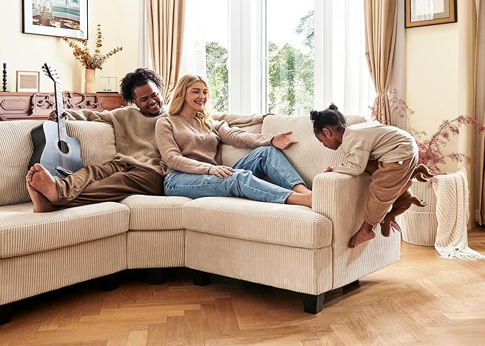 Nolany Corduroy Sectional Couch with Storage Ottoman, Sleeper Sectional Sofa, Modular Sectional Couches for Living Room, Beige