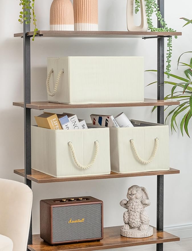 StorageWorks Storage Baskets for Shelves, Foldable Fabric Closet Storage Bins with Handles, Fabric Storage Bins Clothes Organizer, Beige, White & Ivory, 3-Pack, Large