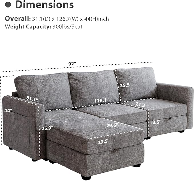 mestyl Modular Sectional Sofa Convertible L Shaped Sofa Couch Set with Storage for Living Room, Modern 3 Seater Modular Sectional Couch with Movable Ottoman (Grey)
