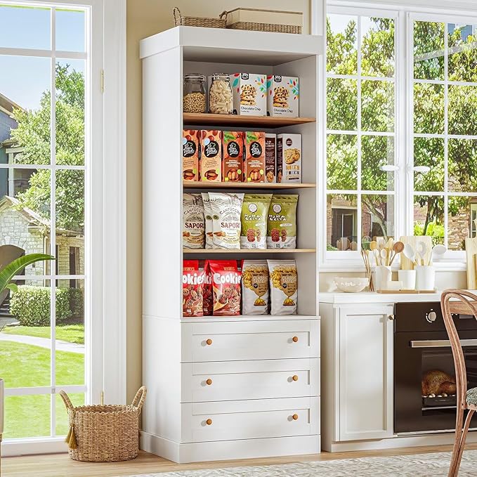 Vyre 71" Tall Farmhouse Bookshelves with Drawers, Large Modular Bookcase with Adjustable Shelves, Storage Cabinet for Living Room, Kitchen, Home Office, White