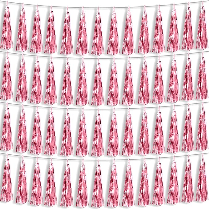 4P Light Pink Foil Fringe Metallic Tassel Streamers Banner Tassel Garland for Parade Floats, Bachelorette, Wedding, Birthday, Halloween, Christmas, Bridal/Baby Shower Party Decorations