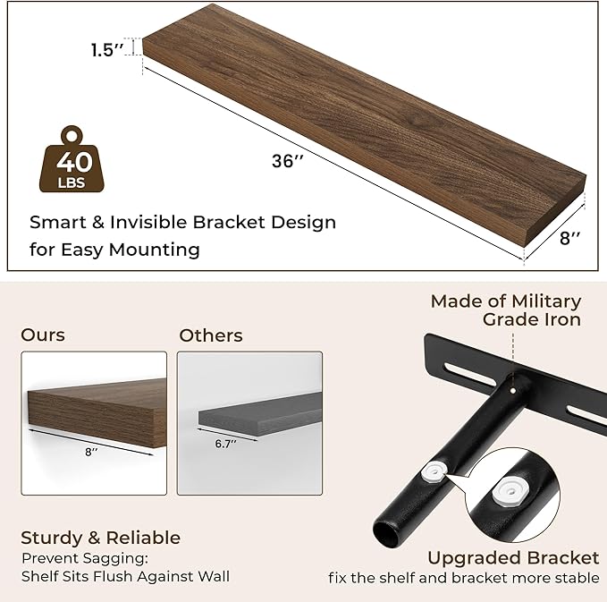 RICHFOCUS 36Inch Floating Shelves for Wall 2 Pack Shelves for Bedroom|Kitchen|Bathroom Wall Mounted Rustic Wood Floating Shelf with Invisible Brackets for Books|Storage|Decor, Walnut