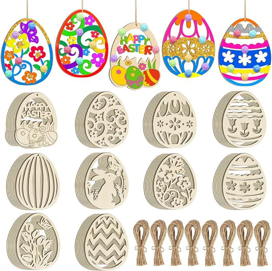 80PCS Wooden Easter Ornaments to Paint, 10 Styles DIY Blank Unfinished Wood Egg Cutouts Ornament for Crafts Hanging Decorations Happy Easter Hallow Egg Rabbit Bunny Butterfly Flower Hen