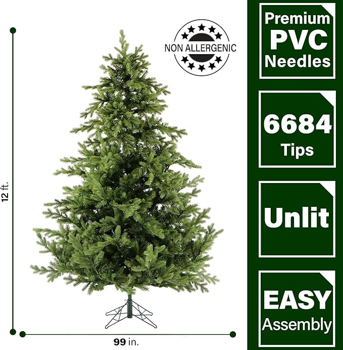 Fraser Hill Farm 12-Ft. Foxtail Pine Artificial Christmas Tree with Stand and No Lights, Unlit Foldable Fake Tree with Realistic Foliage for Home Decoration