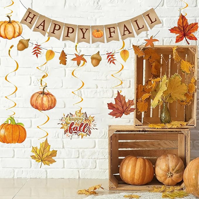 Fall Party Decorations/Happy Fall Banner with Maple Leaves Garland Fall Thanksgiving Day Decorations with Hanging Leaf Swirls, Maple Leaf Garland, Pumpkin Acorn Autumn Theme Party Decor Bunting