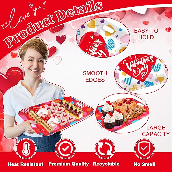 gisgfim 2Pcs Valentine Serving Trays 16.1 X 11.1 Inch Large Melamine Pink Red Heart Trays Platters with Handles Sweet Love Food Trays for Snacks Birthday Wedding Engagement Party Decorations